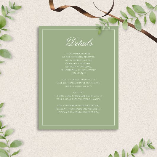 Classic Sage Green & White Border Wedding Details Informatiekaartje