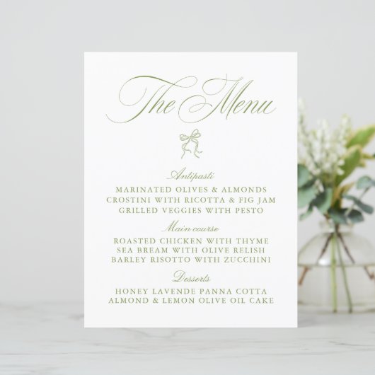Classic Sage Green & White Bow Wedding Menu (Staand voorkant)