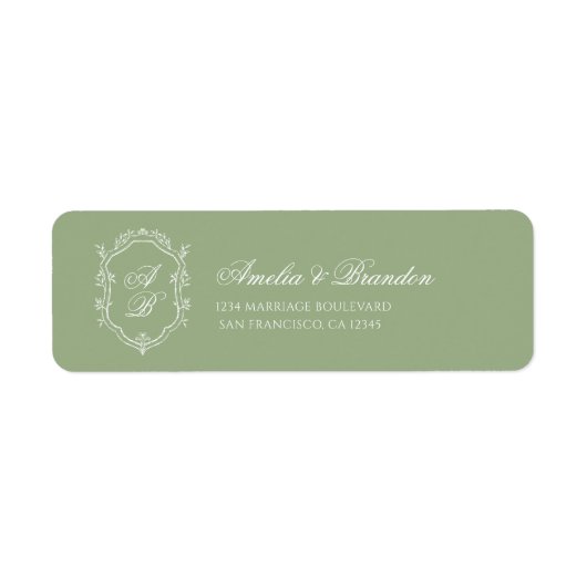 Classic Sage Green & White Monogram Crest Wedding Etiket (Voorkant)