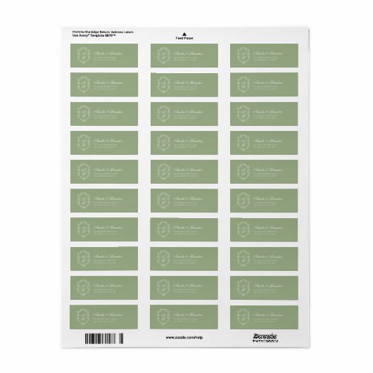Classic Sage Green & White Monogram Crest Wedding Etiket (Full Sheet)