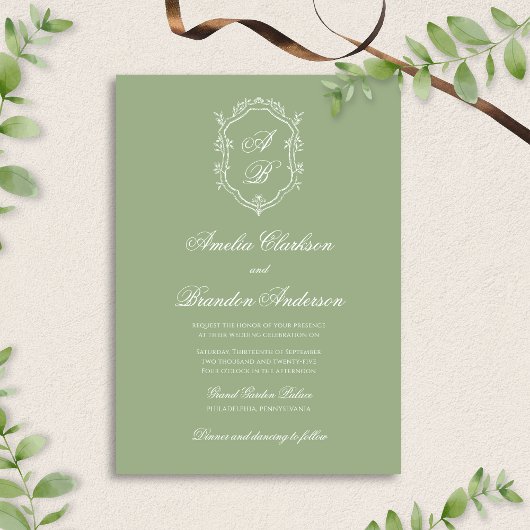 Classic Sage Green & White Monogram Crest Wedding Kaart