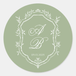 Classic Sage Green & White Monogram Crest Wedding Ronde Sticker