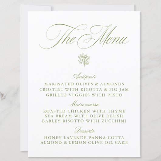 Classic Sage Green & White Wedding Menu (Voorkant)