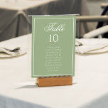 Classic Sage Green & White Wedding Seating Chart Kaart<br><div class="desc">Create an elegant and organized reception with this classic sage green wedding seating chart table number. Designed with a soft sage green background, refined white border, and graceful script typography, this piece blends timeless style with clear readability. Ideal for formal, classic, garden, or minimalist weddings, the layout allows guest names...</div>