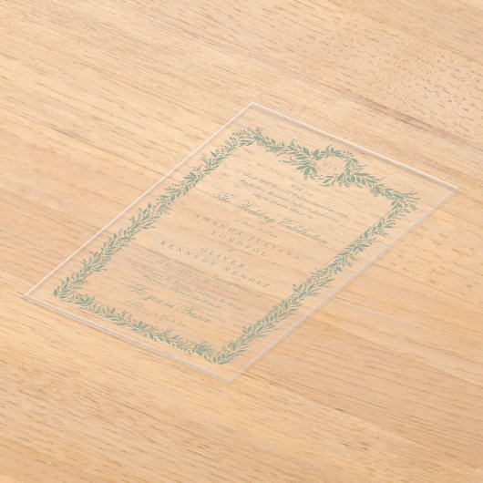 Classic Sage Groene Bladerige lijst monogram bruil Acryl Uitnodigingen (Laagn)