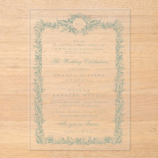 Classic Sage Groene Bladerige lijst monogram bruil Acryl Uitnodigingen (Voorkant)