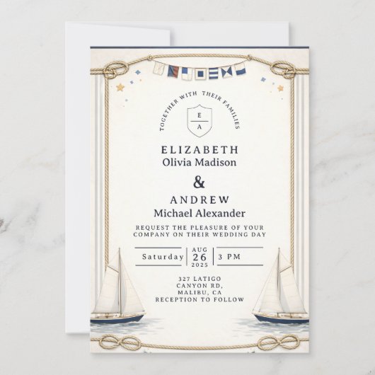 Classic Sailboat Coastal Wedding Kaart (Voorkant)