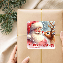 Classic Santa and Rudolph Personalized Gift Sticke Vierkante Sticker