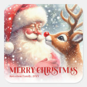 Classic Santa and Rudolph Personalized Gift Sticke Vierkante Sticker (Voorkant)
