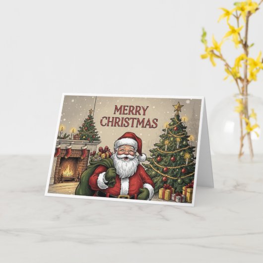 Classic Santa by Fireplace "Merry Christmas" Kaart (Gele Bloem)