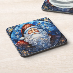 Classic Santa Claus Blauw Glas in lood Bier Onderzetter