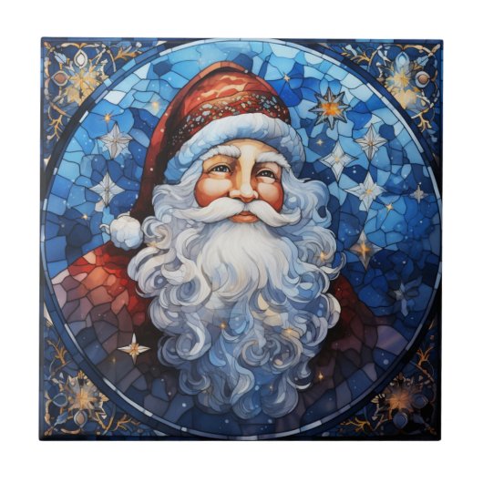 Classic Santa Claus Blauw Glas in lood Tegeltje (Voorkant)