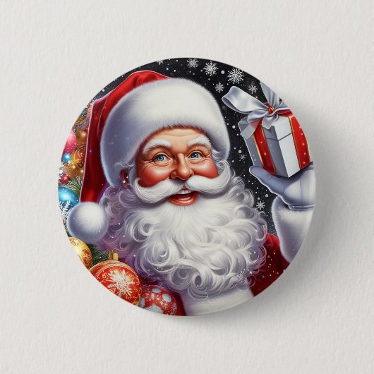 Classic Santa met cadeau & ornamenten Ronde Button 5,7 Cm (Voorkant)