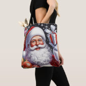 Classic Santa met cadeau & ornamenten Tote Bag (Dichtbij)