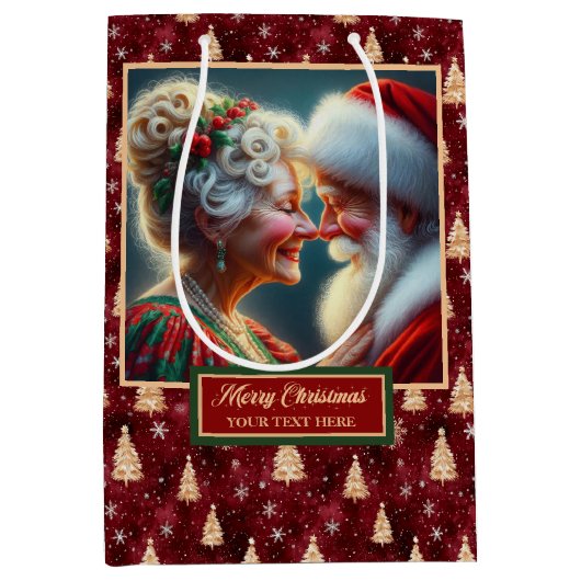 Classic Santa & Mrs Claus Holiday Waterverf Bag Medium Cadeauzakje (Voorkant)