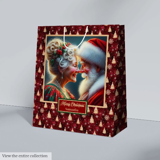 Classic Santa & Mrs Claus Holiday Waterverf Bag Medium Cadeauzakje