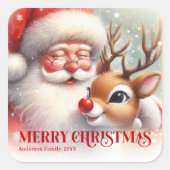 Classic Santa Rudolph Personalized Merry Christmas Vierkante Sticker (Voorkant)