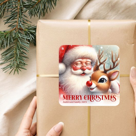 Classic Santa Rudolph Personalized Merry Christmas Vierkante Sticker