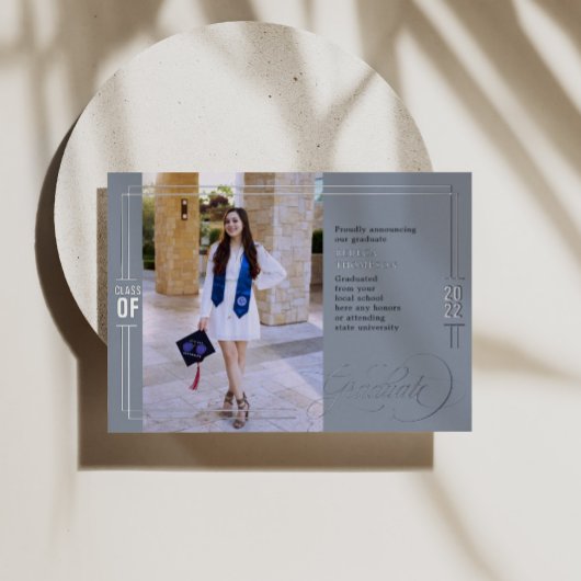 Classic Script Afstuderen blauw en zilver Folie Uitnodiging