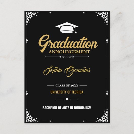 Classic Script Black Afstuderen Aankondiging Briefkaart (Voorkant)