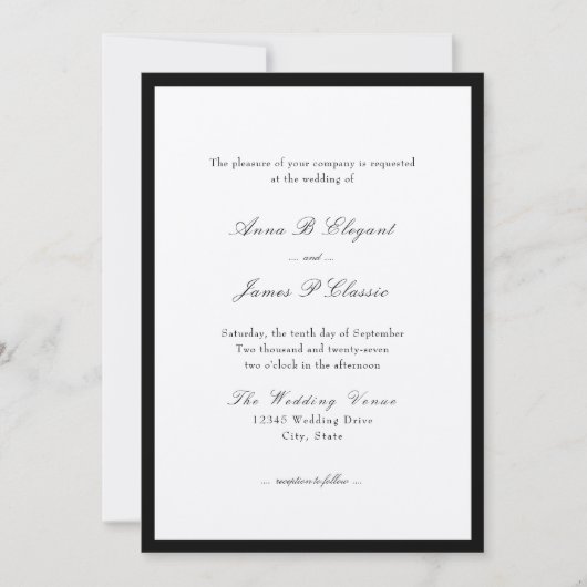 Classic Script Black Wedding Invitation Kaart (Voorkant)