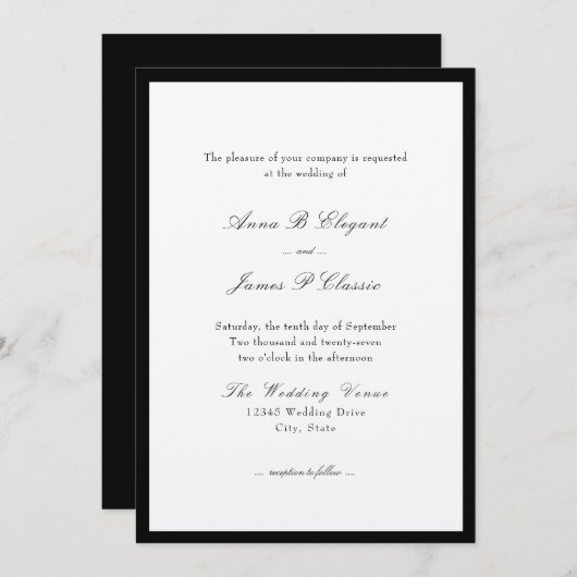 Classic Script Black Wedding Invitation Kaart (Voorkant / Achterkant)