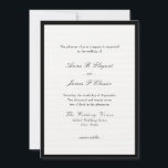 Classic Script Black Wedding Invitation Kaart<br><div class="desc">Elegante huwelijksuitnodiging met klassiek script en platte tekst. Algemene inleiding: het plezier van uw bedrijf wordt gevraagd op de bruiloft van. Zwarte tekst op een witte achtergrond binnen een zwarte rand. De achterkant is zwart.</div>