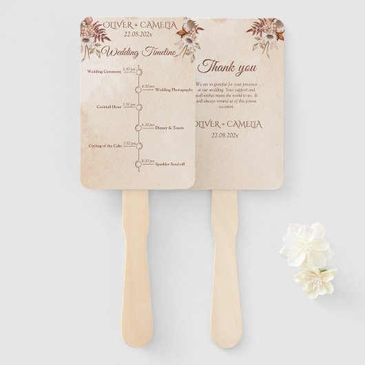 Classic Script BOHO Trouwprogramma en tijdlijn Handwaaier (Voorkant en achterkant)