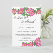 Classic script bright pink green floral wedding kaart (Staand voorkant)