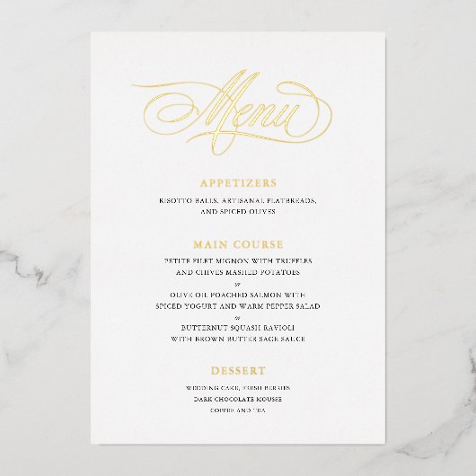 Classic Script Calligraphy Real Folie Wedding Menu (Voorkant)