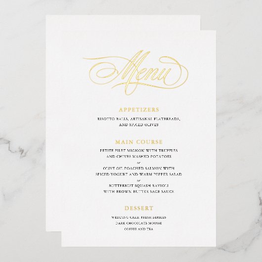 Classic Script Calligraphy Real Folie Wedding Menu (Voorkant / Achterkant)