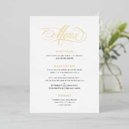 Classic Script Calligraphy Real Folie Wedding Menu (Staand Voorkant)