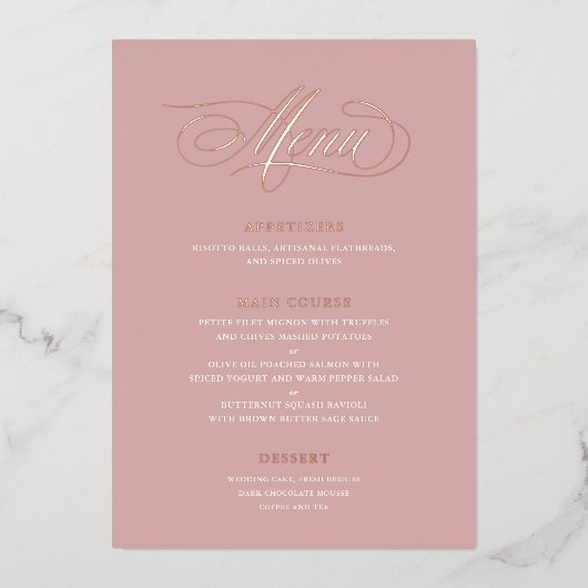 Classic Script Calligraphy Real Folie Wedding Menu (Voorkant)