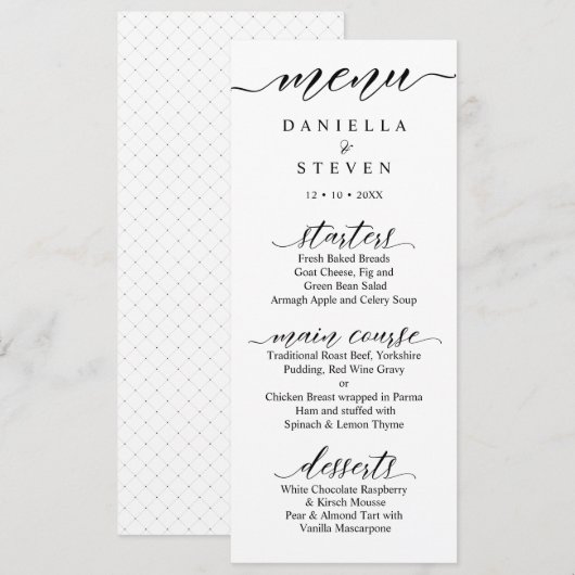 Classic Script Calligraphy Wedding Menu Kaart (Voorkant / Achterkant)
