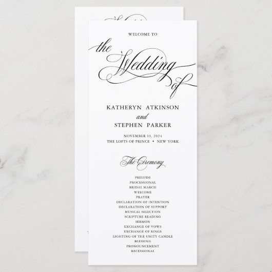 Classic Script Elegant Wedding Ceremony Program Programmakaart (Voorkant / Achterkant)