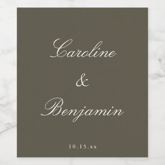 Classic Script Elegant Wedding Custom Olive Wijn Etiket (Enkel label)
