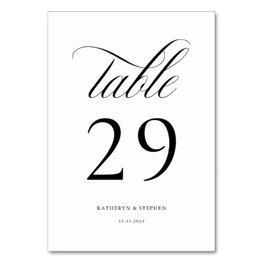 Classic Script Elegant Wedding Table Number 29 Kaart (Voorkant)