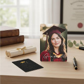 Classic script gold photo black graduation  kaart