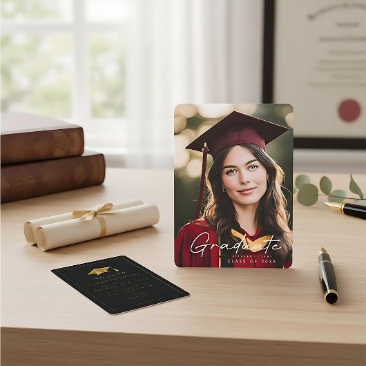 Classic script gold photo black graduation  kaart
