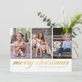 Classic Script Merry kerstGold 3-foto's Feestdagenkaart (Staand voorkant)