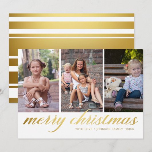 Classic Script Merry kerstGold 3-foto's Feestdagenkaart (Voorkant / Achterkant)