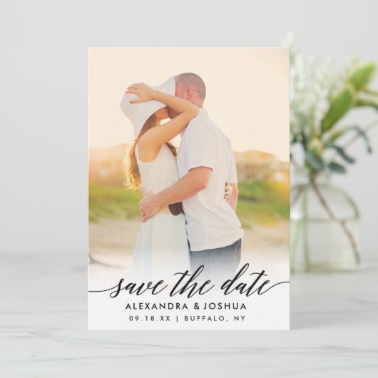 Classic Script Photo Sla het datumportret op Save The Date (Staand voorkant)
