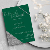 Classic script silver glitter jade green wedding kaart