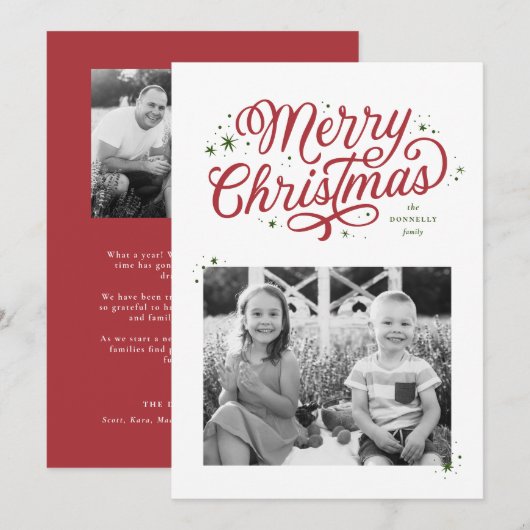 Classic Script Vrolijk Kerstfeest Rood en Groen Feestdagenkaart (Voorkant / Achterkant)