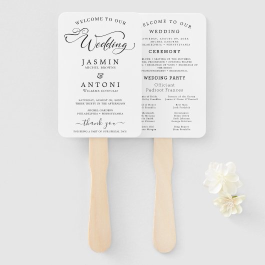 Classic Script Wedding Program and Timeline Handwaaier (Voorkant en achterkant)
