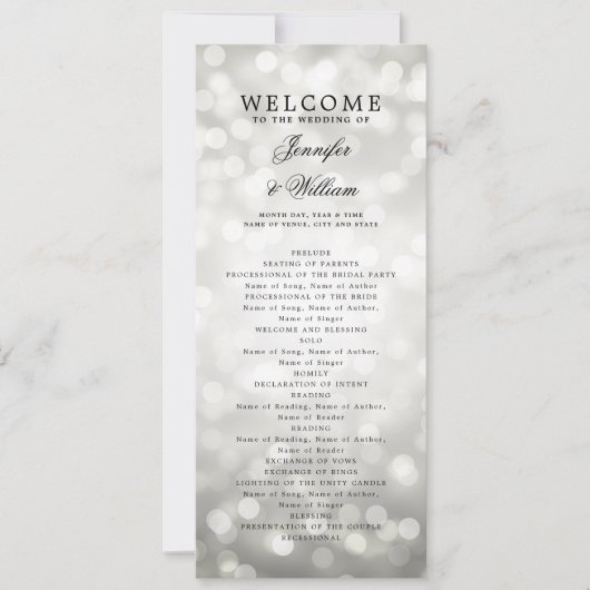 Classic Script Wedding Programma Zilveren Bokeh Li (Voorkant)
