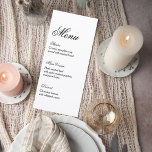 Classic Script Wedding Reception Menu<br><div class="desc">Present your wedding meal with timeless elegance using this classic wedding menu card design. Featuring a graceful script “Menu” header paired with refined typography, this minimalist layout creates a sophisticated presentation that complements formal and romantic wedding décor. The clean structure highlights each course—starter, main course, and dessert—allowing guests to easily...</div>