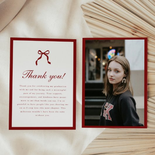 Classic Script Wine Red Coquette Graduation Photo Bedankkaart
