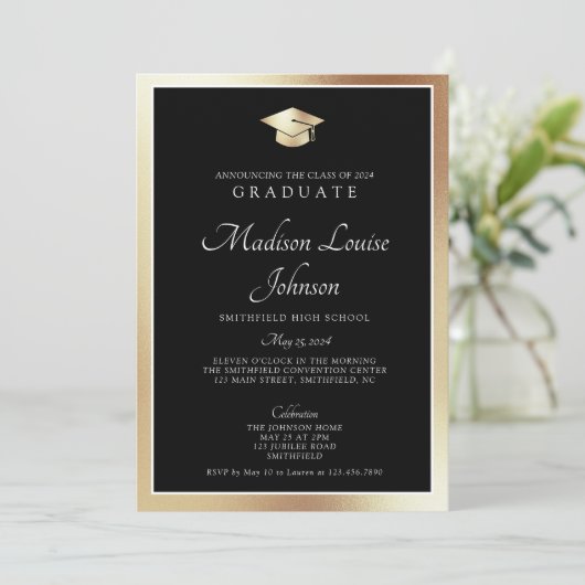 Classic Script Zwart & Goud Foto Afstuderen Kaart (Staand voorkant)