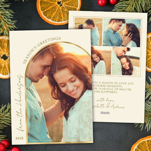 Classic Season's Greetings Gold Arch Paar Foto Feestdagenkaart